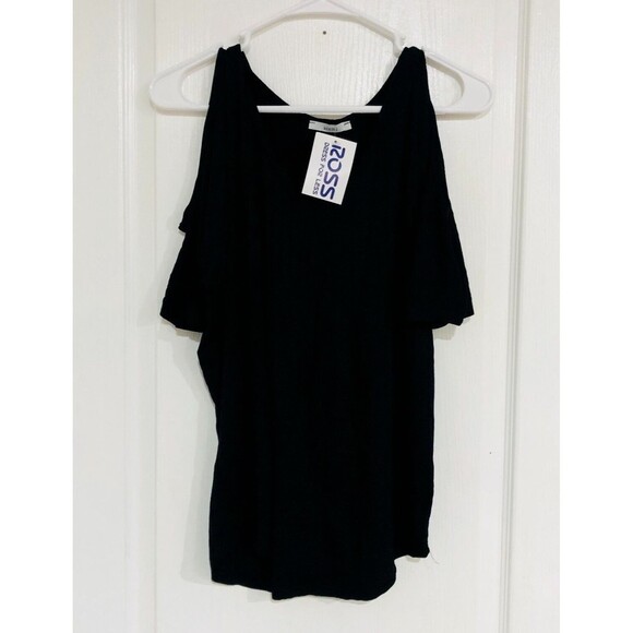 Acemi Womens Cold Shoulder Short Sleeve Relaxed Fit T-Shirt Top Black Medium NWT - Picture 1 of 6